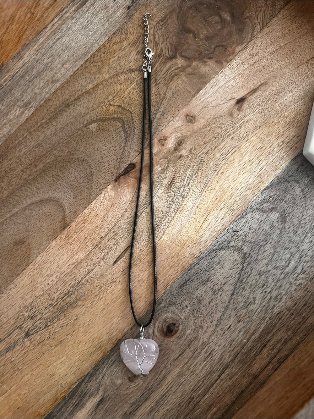 Rose Quartz Heart Pendant Necklace wire wrapped Tree of Life on Black Cord